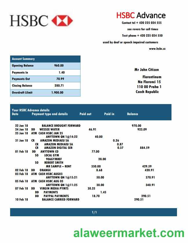 Czech HSBC bank statement easy to fill template